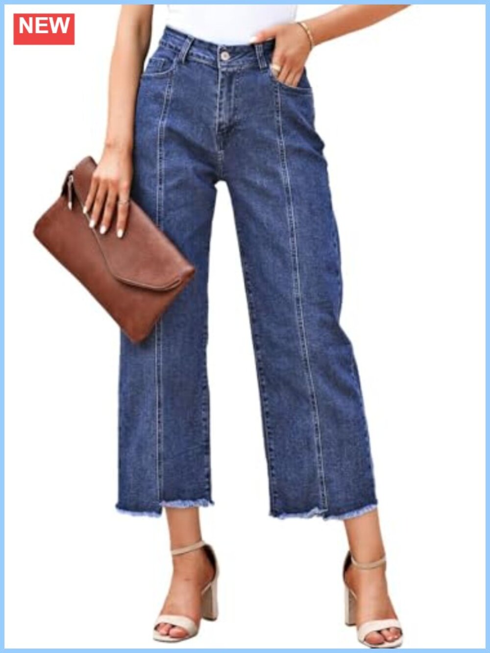 Cropped Wide Leg Straight Jeans Raw Hem Stretch Cotton Denim Pants